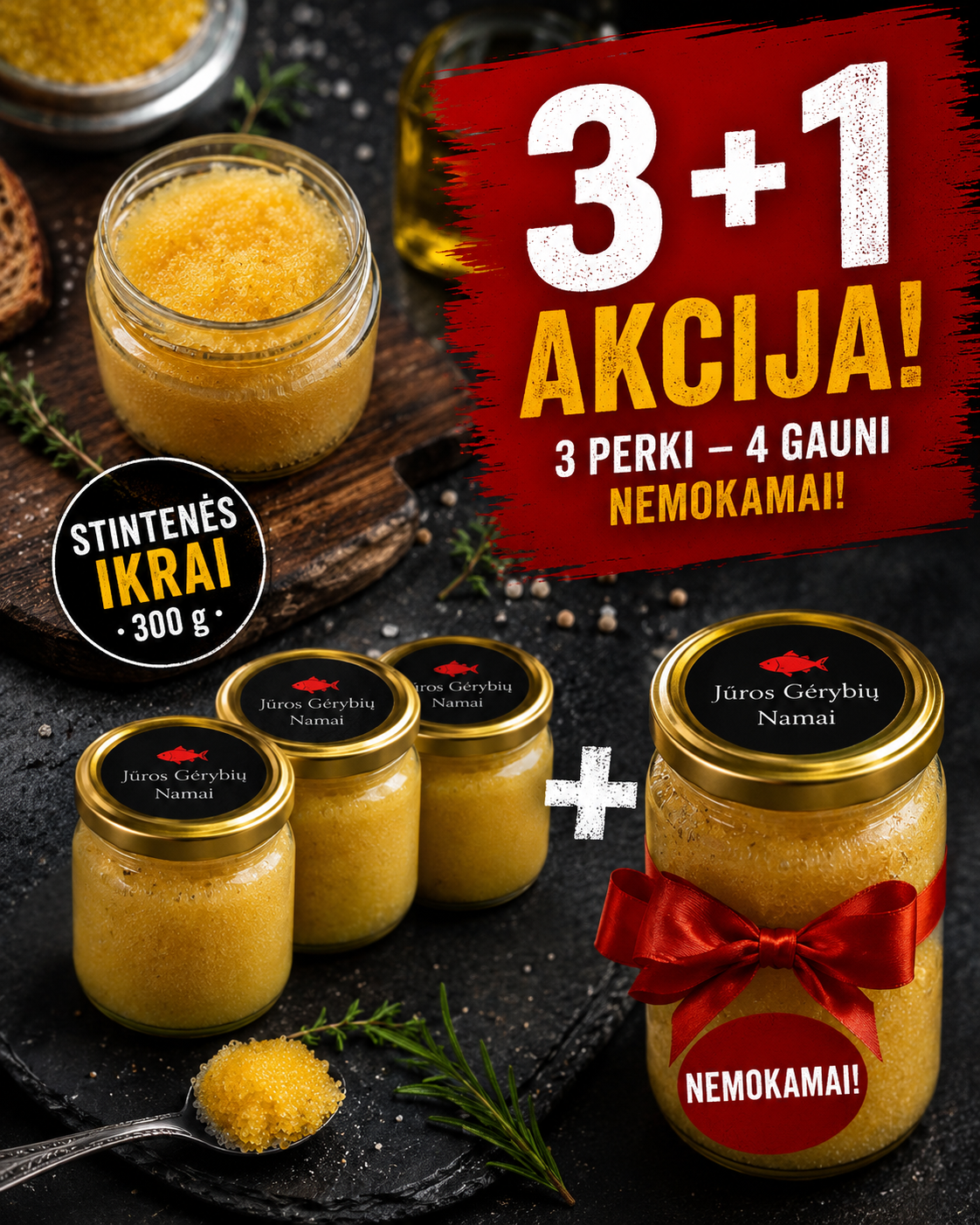 3 PERKI – 4 GAUNI NEMOKAMAI! Stintenių ikrai 4 × 300 g (1,2 kg)